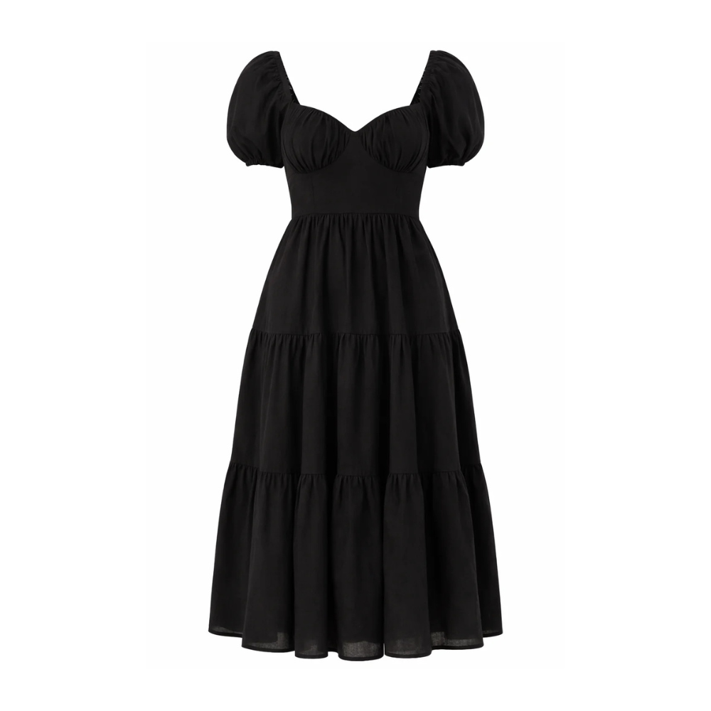 Vestido largo con mangas abullonadas y volantes
